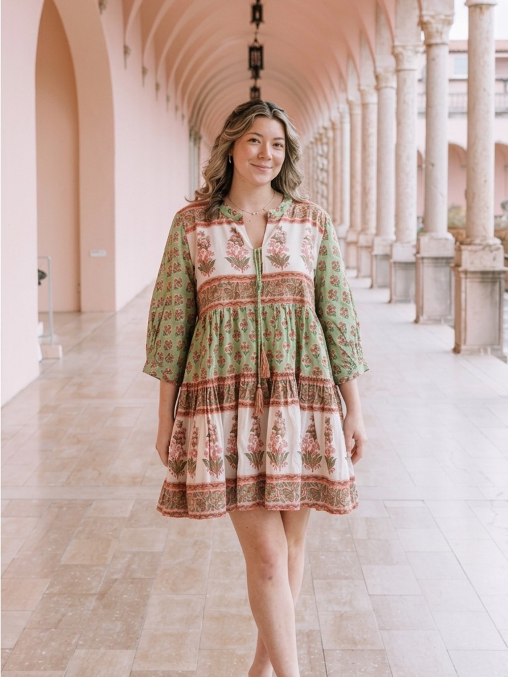 POL New Release Boho Floral Tiered 100% Cotton Mini Dress in Sage & Blush Size L